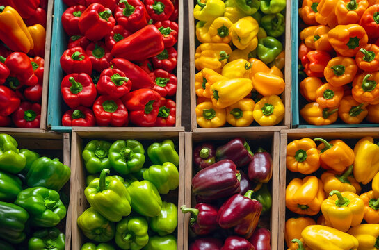 Top view of a store counter. A bunch of green, yellow, red peppers are displayed in a wooden crate. The peppers are arranged in a way that they are all visible and in focus