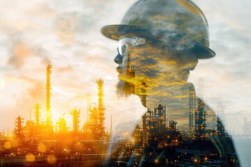Double exposure of Engineer with safety helmet with oil refinery industry plant background