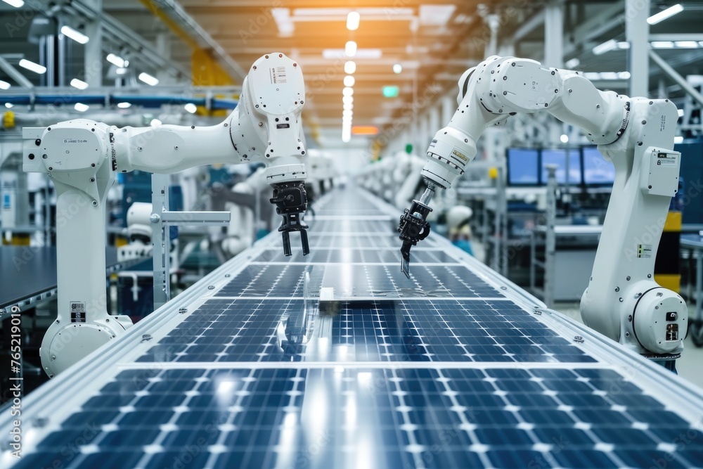 Poster automated factory with white robot arms assembling solar panels.