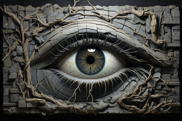 Close up of human blue eye in stone wall. 3D rendering