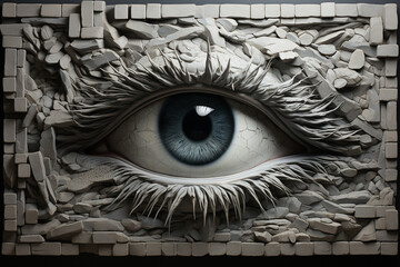 Close up of human blue eye in stone wall. 3D rendering