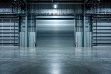 Industrial building with roller doors and polished concrete floor. - obrazy, fototapety, plakaty