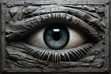 Close up of human blue eye in stone wall. 3D rendering