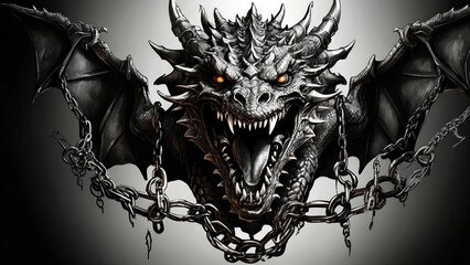 dragon head with chains for tattoo design illustration, clipart - obrazy, fototapety, plakaty