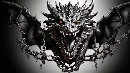 Foto op Plexiglas dragon head with chains for tattoo design illustration, clipart © Reha