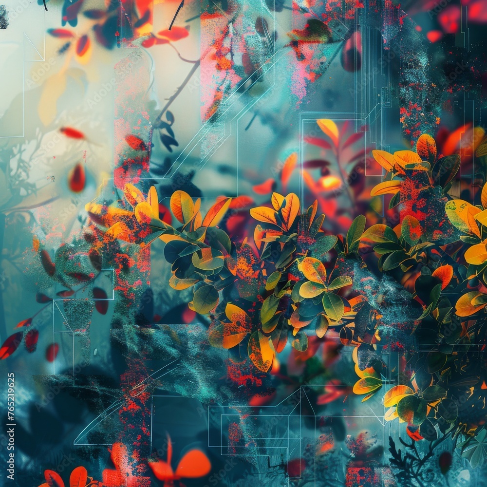Poster a vivid digital composition blending flora with abstract elements, creating a dynamic and colorful j