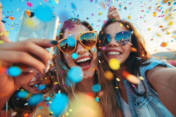 Excited girls on summer festival having fun with confetti outdoor and taking a selfie. Ai generative
