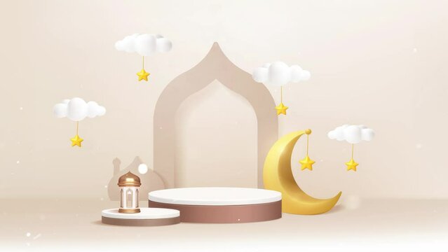 Ramadan Kareem celebration banner: modern 3D illustration background with mosque, half moon, star, and lantern. Eid Mubarak, podium, and particle light	
