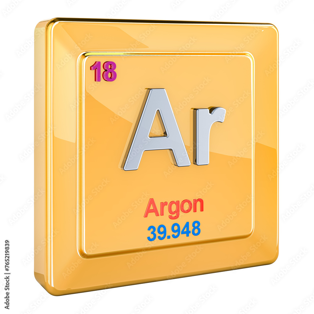 Poster argon ar, chemical element sign with number 18 in periodic table. 3d rendering isolated on transpare