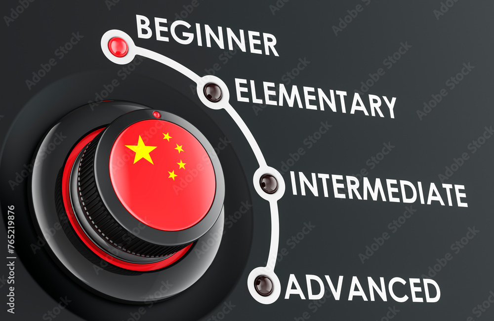 Poster chinese levels, learning and improvement chinese language, concept with scale knob. 3d rendering