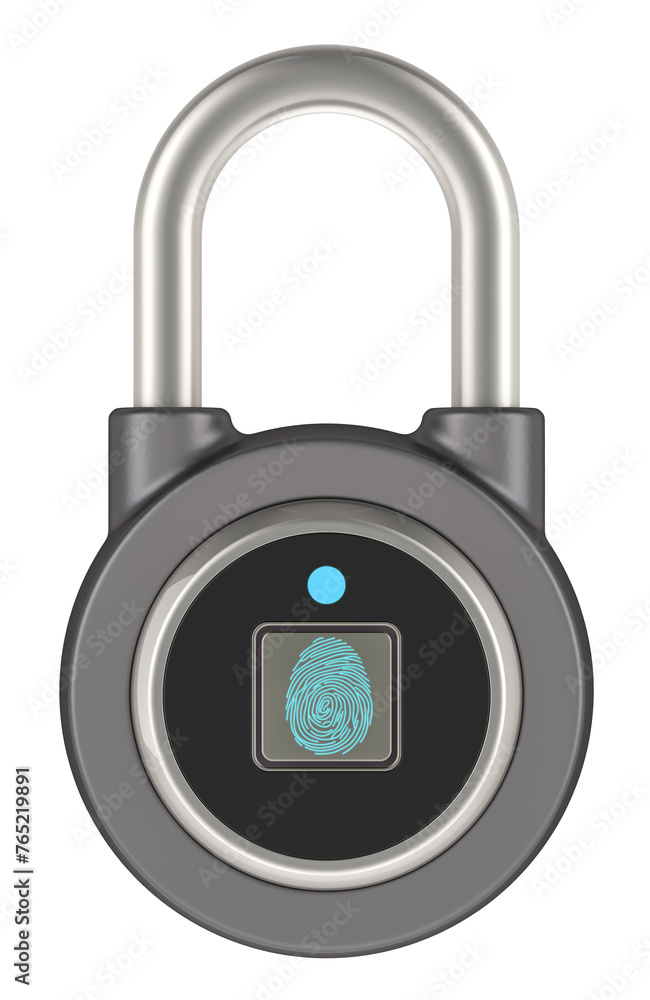 Poster fingerprint padlock. combination padlock with fingerprint. 3d rendering isolated on transparent back