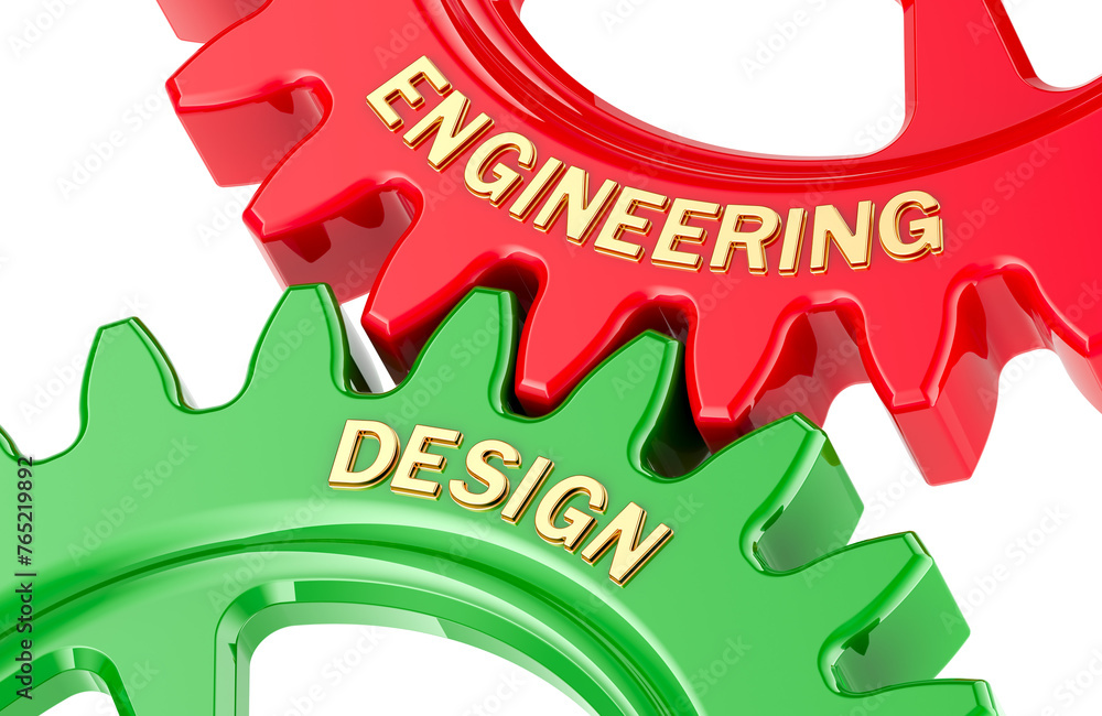 Poster engineering design concept with colored gearwheels. 3d rendering isolated on transparent background