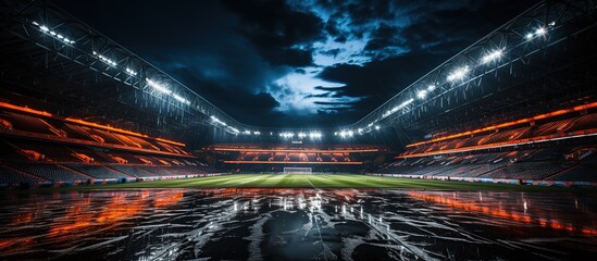 Empty soccer stadium at night with reflection in water. - obrazy, fototapety, plakaty