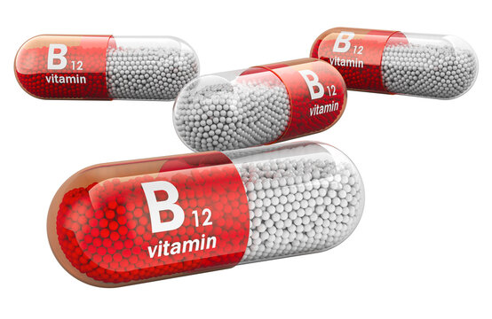 Capsules B12, vitamin  cyanocobalamin. 3D rendering isolated on transparent background