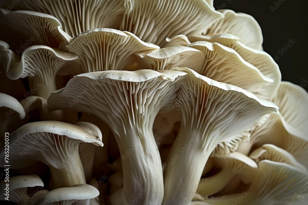 Poster mycelium with mushrooms, bottom view. backdrop with selective focus and copy space