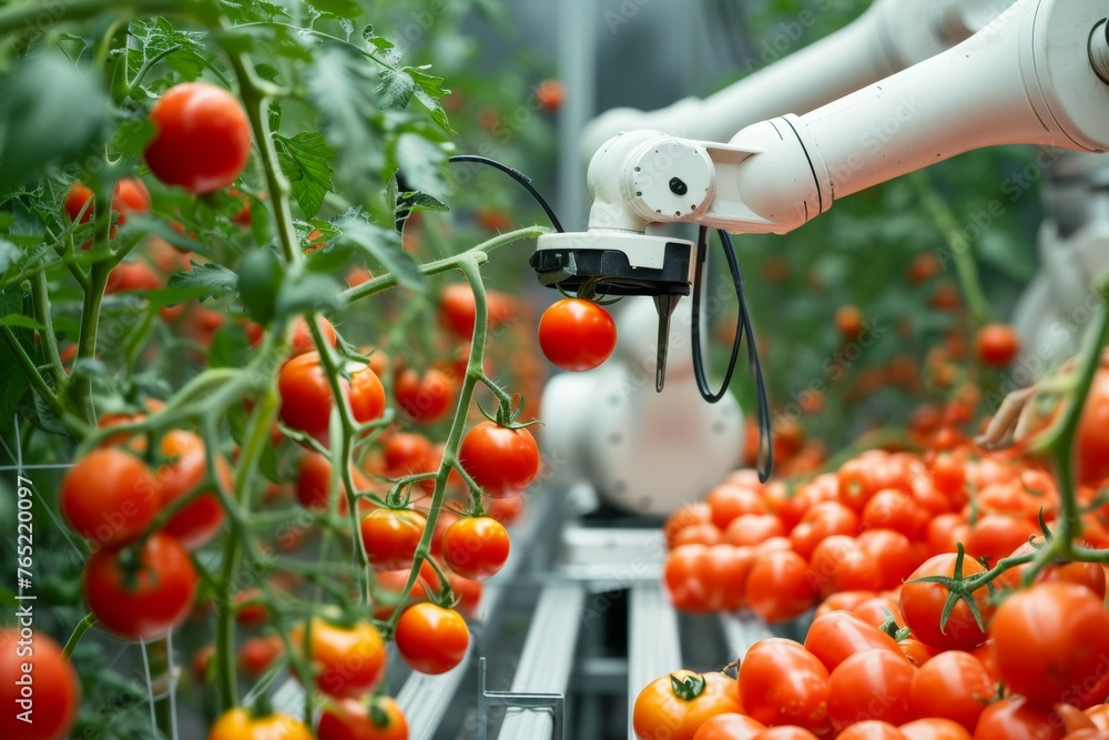 Poster modern greenhouse with robots. backdrop with selective focus and copy space