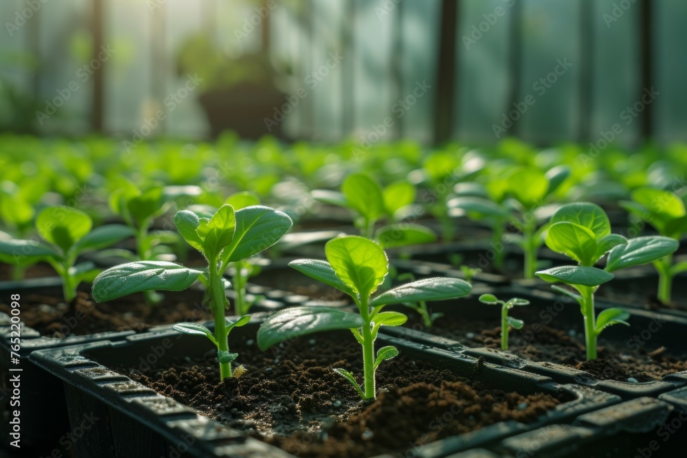 Poster seedlings in a greenhouse. backdrop with selective focus and copy space