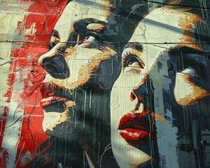 Street art of mother and daughter, bold strokes, life-size, direct angle, soft shadow, dawn light. - obrazy, fototapety, plakaty