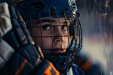 a boy wearing a hockey helmet and gloves - obrazy, fototapety, plakaty