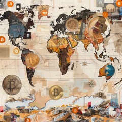 An artistic world map overlaid with various cryptocurrency symbols, highlighting the global reach and impact of digital currencies