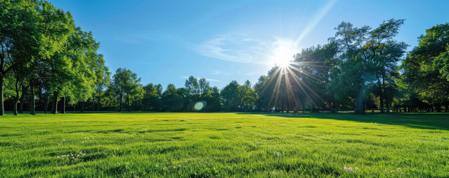A wide grassy field surrounded by trees at a sunny day
