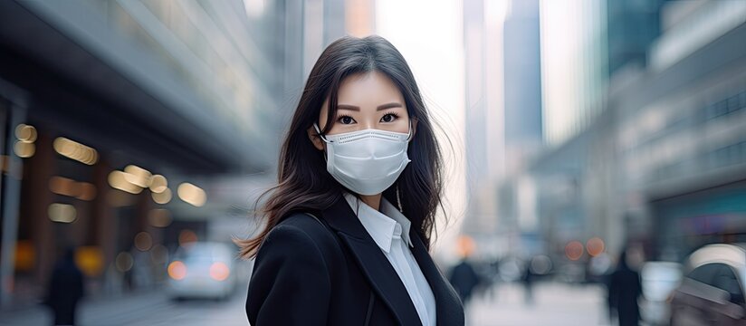 A woman with layered hair and an electric blue scarf is walking on a city street, wearing a face mask. She looks like a fictional character from a fun event, but her smile is hidden behind the mask