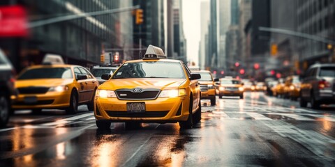 yellow taxi car in traffic on a city street slow motion Generative AI - obrazy, fototapety, plakaty