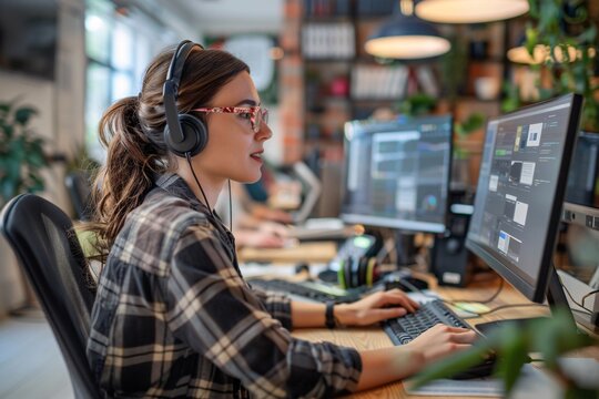 Friendly female customer service helpline operator working on computer in ofice