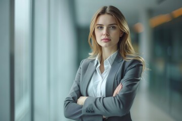 Fototapeta premium Young woman in business wear standing with armes crossed in business environment 