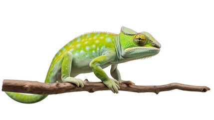 Fototapeta premium A bright green chameleon perches on a branch, its eyes alert and its body poised for movement.