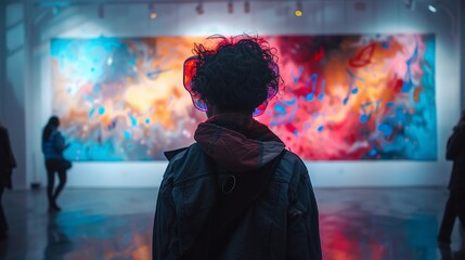 In a dimly lit gallery, a subject wearing prismatic glasses gazes at a painting emitting vibrant music notes Realistic image with backlighting and colorful hues to simulate synesthetic experience