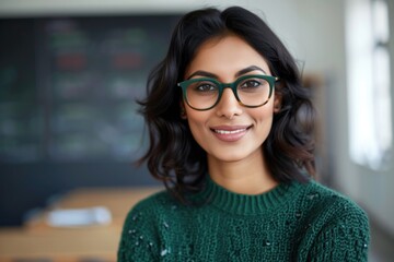 Confident young Indian woman smiling in classroom or office.