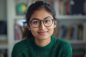 Confident young Indian woman smiling in classroom or office.
