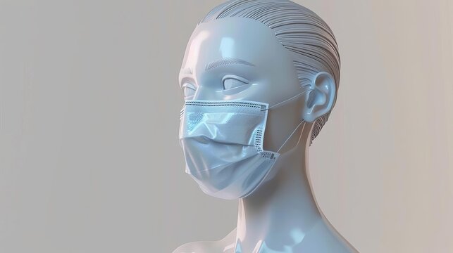 3D Human Body Model Wearing Protective Face Mask, Isolated on White Background, Medical Illustration