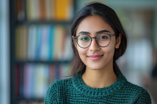 Confident young Indian woman smiling in classroom or office.