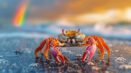 A crab scuttles along the beach, its colorful shell catching the sunlight In the background, a rainbow paints the sky