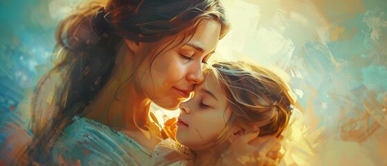 Mother and autistic daughter, gentle embrace, pastel palette, side view, morning light. - obrazy, fototapety, plakaty