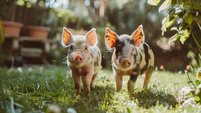 Adorable Mini Pigs Exploring a Vibrant Garden, Cute Animal Photography