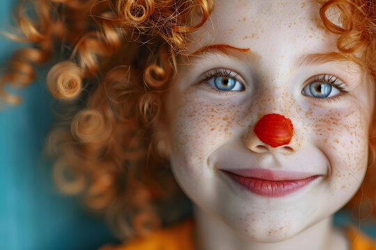 A young girl with red hair and red face paint is smiling and looking at the camera, enjoying a playful and festive atmosphere.