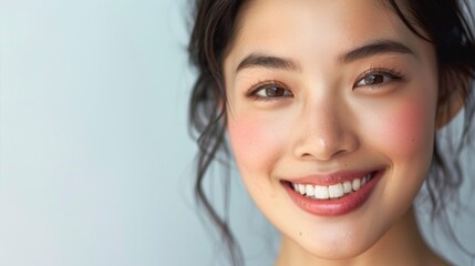 portrait of a beautiful woman with Japanese features on a gray background in high resolution and quality HD - obrazy, fototapety, plakaty