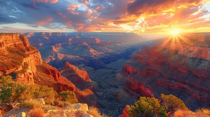 Sun setting over Grand Canyon with colorful hues reflecting off cloudy sky