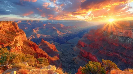 Afwasbaar Fotobehang Reflectie Sun setting over Grand Canyon with colorful hues reflecting off cloudy sky