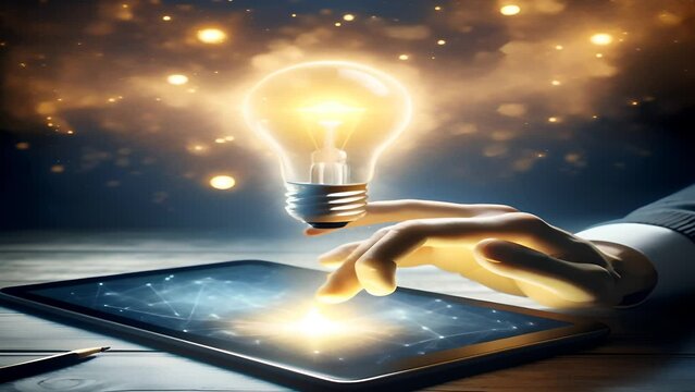 A light bulb emerges from a tablet screen, held by a hand, symbolizing the birth of innovative ideas in the digital era. The mystical ambiance hints at the limitless potential of creativity and