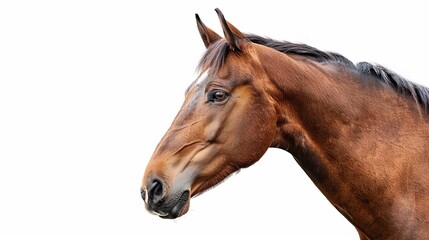 Brown Horse Portrait on White Background, Equine Head Shot with Calm Expression, Animal Photography