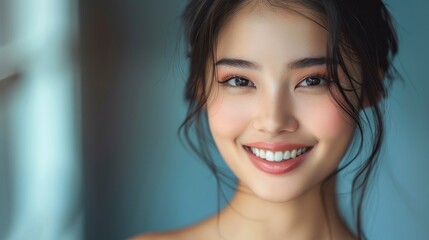 portrait of a beautiful woman with japanese features on gray background - obrazy, fototapety, plakaty