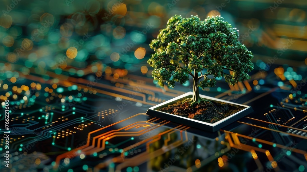 Aufkleber computer circuit board with tree growing in soil, green computing and technology concept, digital il