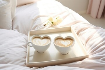 Fototapeta na wymiar Cozy breakfast setting with a tray carrying two cups of coffee with heart-shaped foam, on a bed. Breakfast Tray with Heart-shaped Coffee Cups