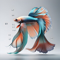 amazing fine art  with bright azure color Betta fish with long peach fuzz tail and fins posing against grey background. close up. Digital artwork.  Ai generated - 765221853