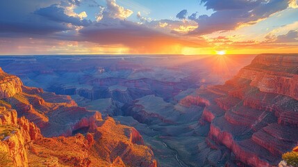 The sky is ablaze with color as the sun sets over the grand canyon - obrazy, fototapety, plakaty