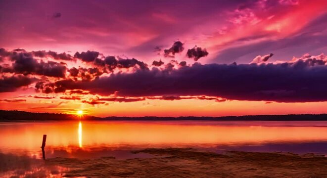 Paint a picture of a golden hour sunset, with the sky ablaze in hues of orange and purple, reflecting off calm waters and casting a warm glow over the landscape